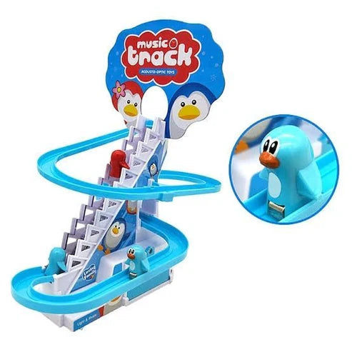 Retail box of a penguin stair climbing toy displaying product features like battery operation, cute escalator mechanism, play sweet music, and colored lights.
