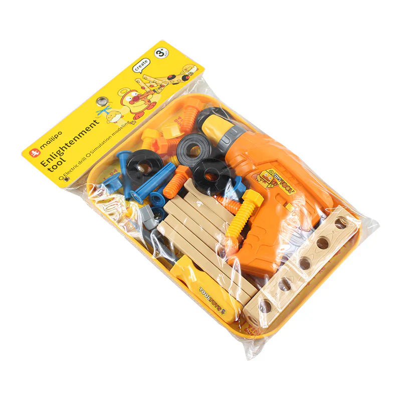 Flat lay view of children's plastic tool kit components including an orange toy drill, blue T-wrench, yellow screwdrivers, multicolored plastic screws, and wood-grain simulation building strips.