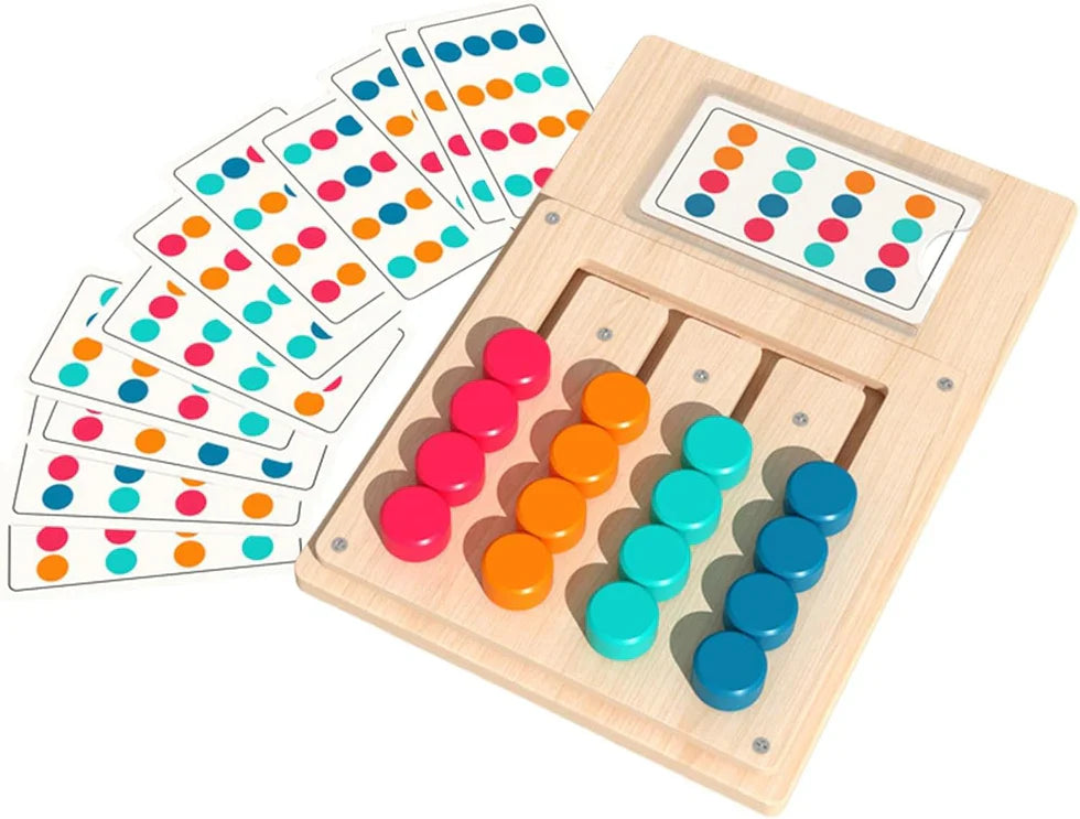 Children's travel-friendly logic slide maze puzzle with built-in wooden pegs.