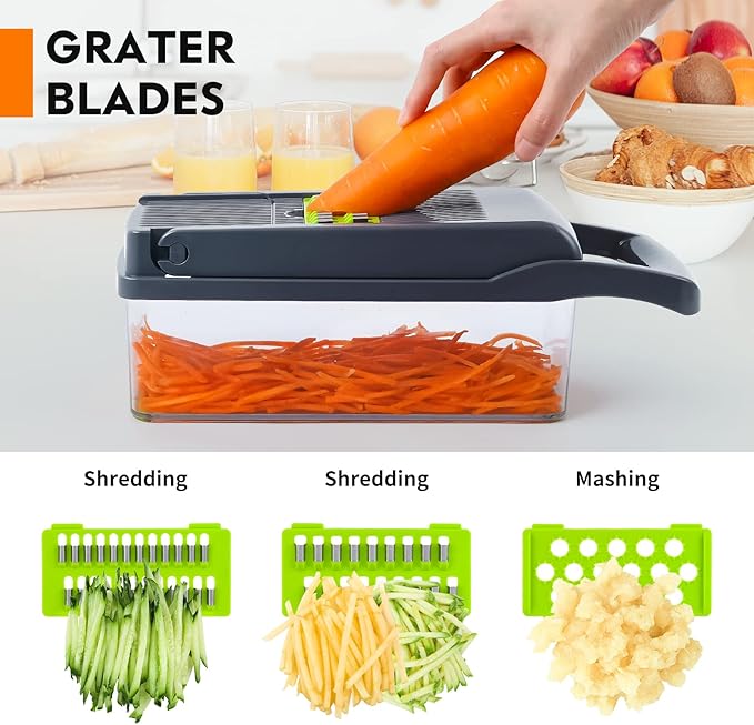 Full kitchen food prep station featuring an all-in-one manual food processor and mandoline slicer. Includes a transparent catch container, an egg separator attachment with a cracked egg, a handheld vegetable peeler, a safety finger guard, and six precision stainless steel blade cartridges neatly organized in a space-saving stand.