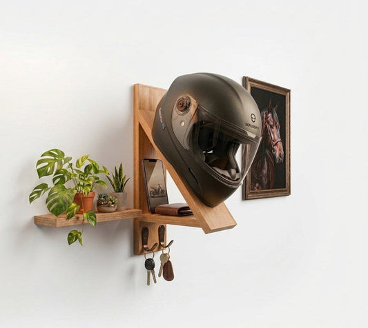 Modern handcrafted wooden helmet display stand for garage or home wall.
