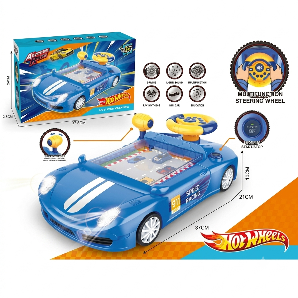 Children's driving simulator steering wheel toy with moving screen track and gear shift