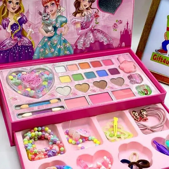 A double-layer pink princess themed toy makeup box and jewelry vanity set. The top section contains rows of colorful play cosmetics, eyeshadows, and blushes, while the extended lower drawer stores colorful children's bracelets and hair accessories.