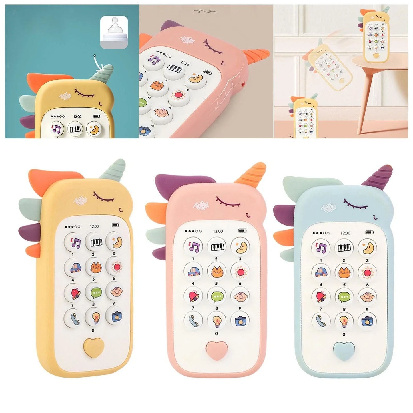 Cute aesthetic baby smartphone toy in soft yellow, orange, and purple pastel colors.