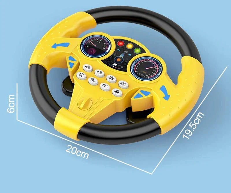 Angled technical product shot of the yellow and black simulated driving wheel toy highlighting exact physical dimensions: 20cm width, 19.5cm length, and 6cm thickness.