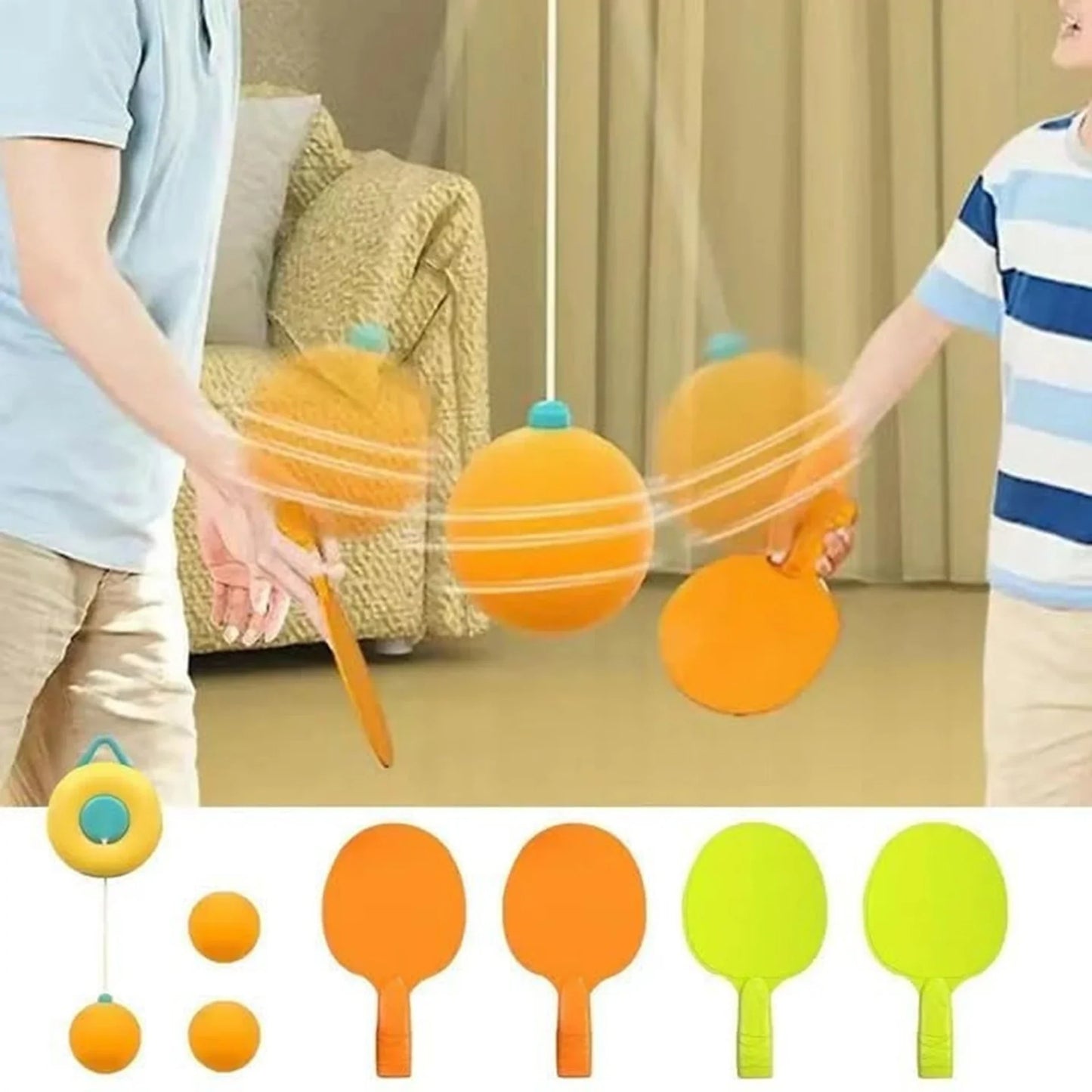 An adult and child engaging in a 2-player indoor hanging table tennis match using orange and green paddles.