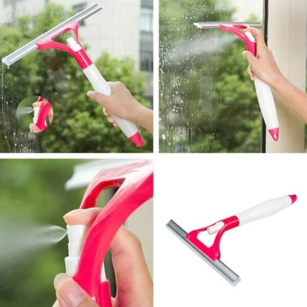 A pink and white 2-in-1 window wiper squeegee with an integrated spray bottle.