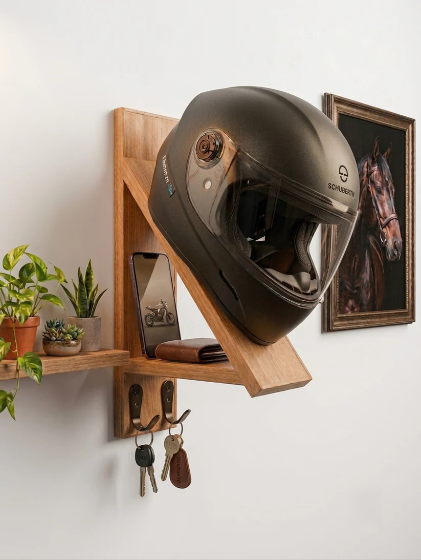 Motorcycle Helmet Rack & Gear Organizer – Premium Wooden Display Shelf with Keychain Hooks Excel Thought