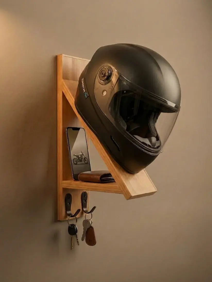 Minimalist wall-mounted wooden rack to store motorcycle helmet and bike keys.