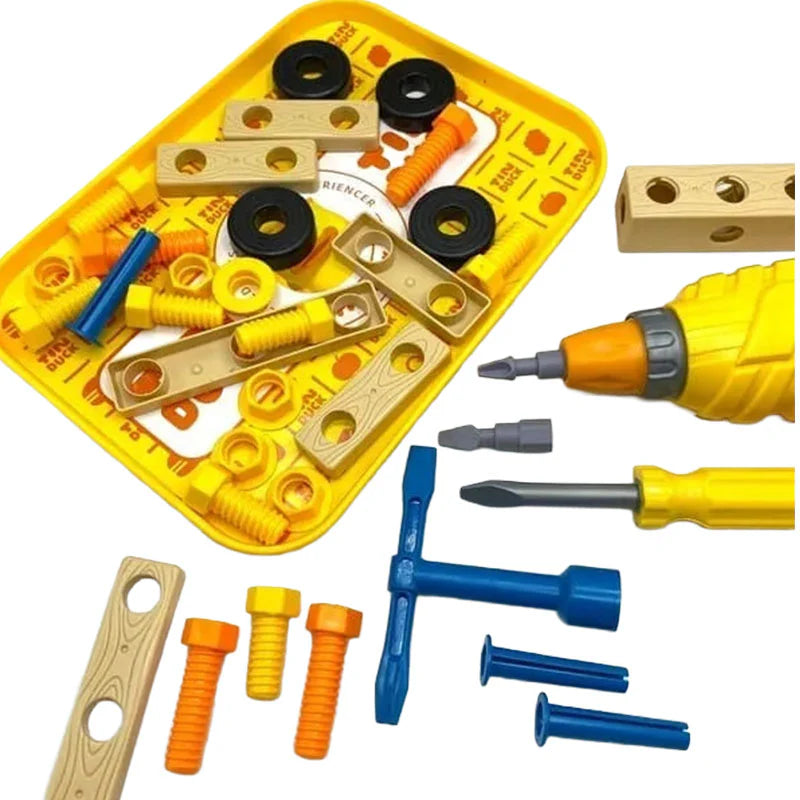 Educational pretend play tool set for fine motor skills development, featuring child-sized plastic nuts, bolts, washers, and engineering construction blocks.