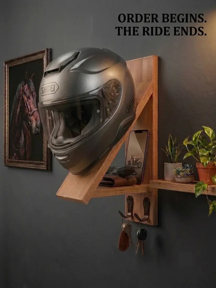 Durable wooden motorcycle helmet mount with dual metal hooks for keys.