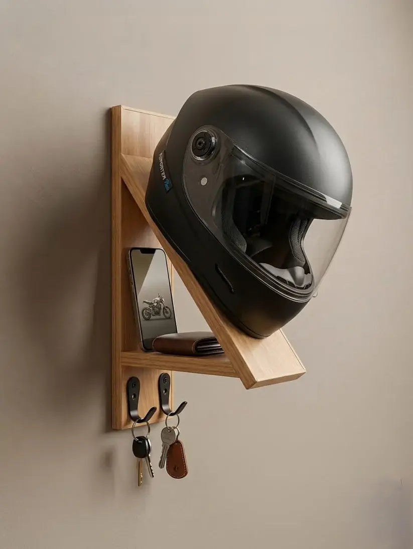 Stylish motorcycle helmet hanger with storage for keys and wallet.