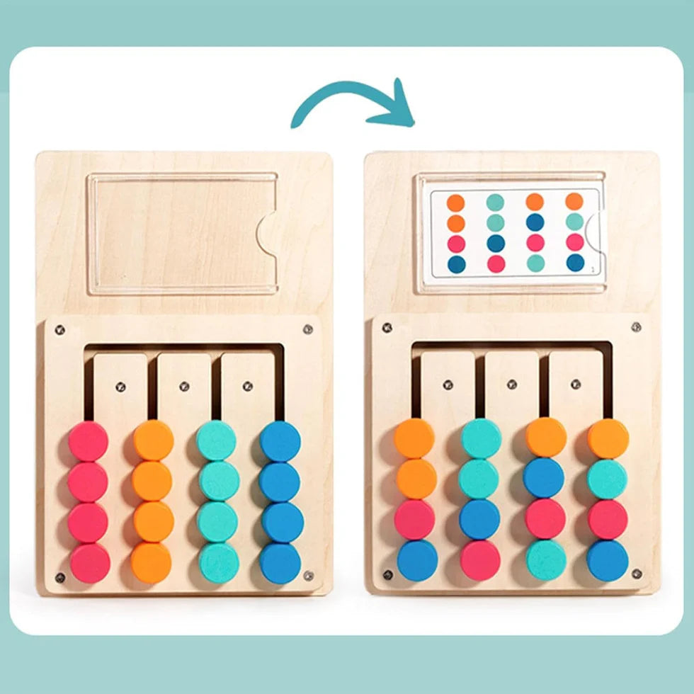 Preschool educational wooden brain teaser toy with four columns of sliding color dots.