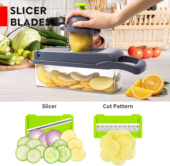 Grey and green multi-functional vegetable chopper pro kit on a wooden countertop. The main dicing container is filled with diced red onions, showcasing the one-press lid function with a whole onion ready to slice. A vertical blade storage tower on the left holds interchangeable inserts for cucumbers, yellow squash, zucchini, carrots, and purple cabbage.
