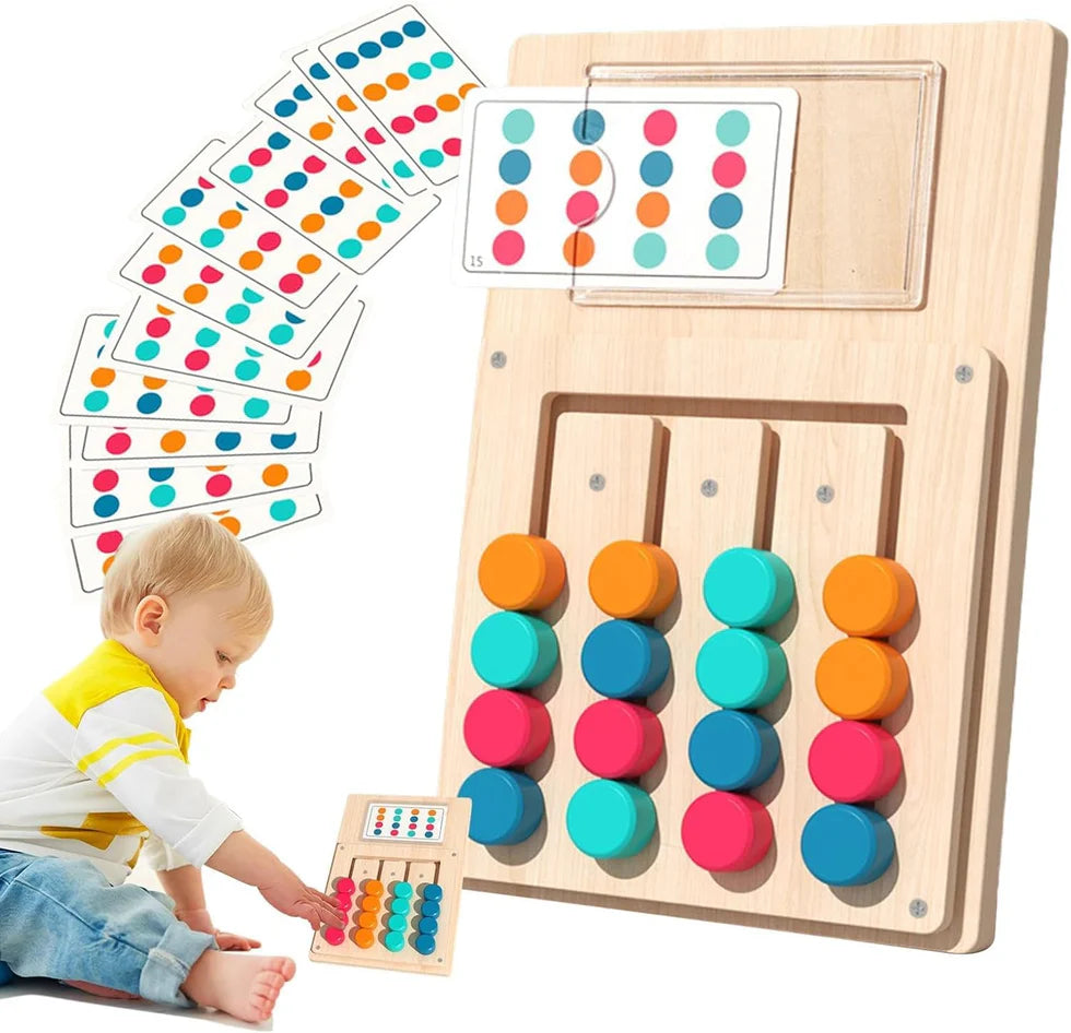 Toddler showing a color-matching wooden slide puzzle game board.