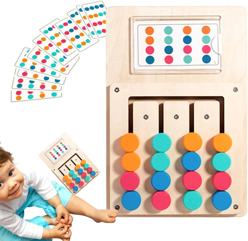 Kid holding a Montessori learning puzzle board with an insertable challenge card.