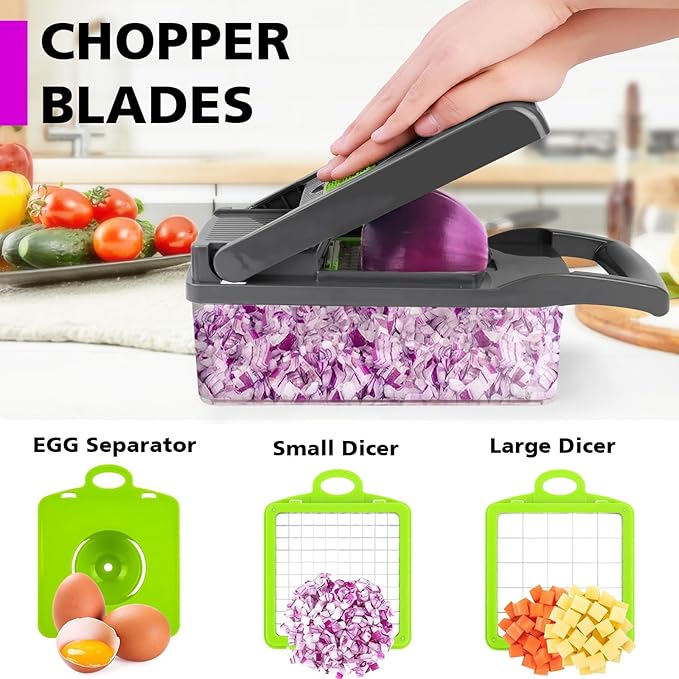 A professional product studio photograph of the multi-functional 'Ultimate Kitchen Vegetable & Fruit Chopper Pro'. The main component is a grey and clear dicing container with an onion. To the left is a vertical rack of labeled green blade cartridges. To the right are other attachments, including a grater with an egg separator. Fresh tomatoes and herbs provide color in the foreground.
