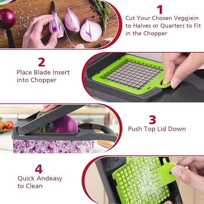 Demonstrating the capabilities of the 'Ultimate Kitchen Vegetable & Fruit Chopper Pro'. An entire red onion is placed on the grid of the gray chopper, showing how the 'easy one-press' function works. The container below is already filled with perfectly chopped onion cubes. Different blade cartridges for various cuts (zucchini spirals, sliced carrots, shredded purple cabbage) are neatly organized in a vertical stand on the left.