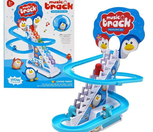 Penguin music track toy set featuring three small penguins climbing up white motorized stairs and sliding down a blue winding roller coaster track