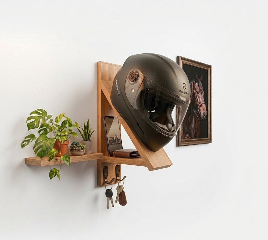 Modern handcrafted wooden helmet display stand for garage or home wall.