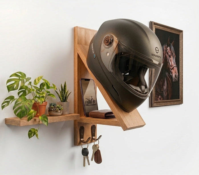 Wall-mounted wooden motorcycle helmet rack with integrated key hooks.