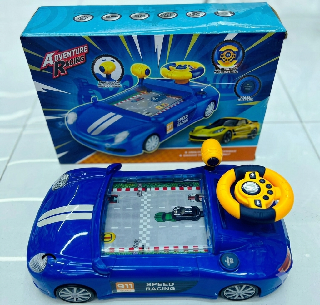 Interactive hand-eye coordination toy for toddlers and kids featuring a realistic blue race car design and arcade-style screen.