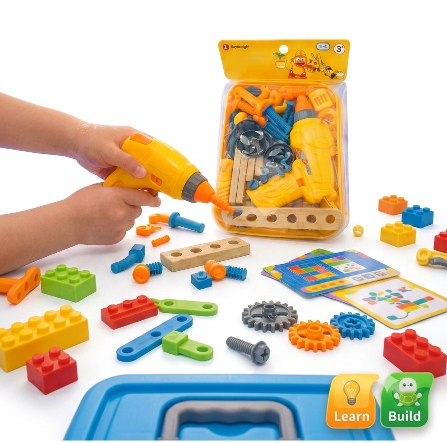Mailipo Enlightenment toy tool set for toddlers aged 3 and up, packaged in clear wrap with a yellow cardboard header showing simulation modeling cartoon graphics.