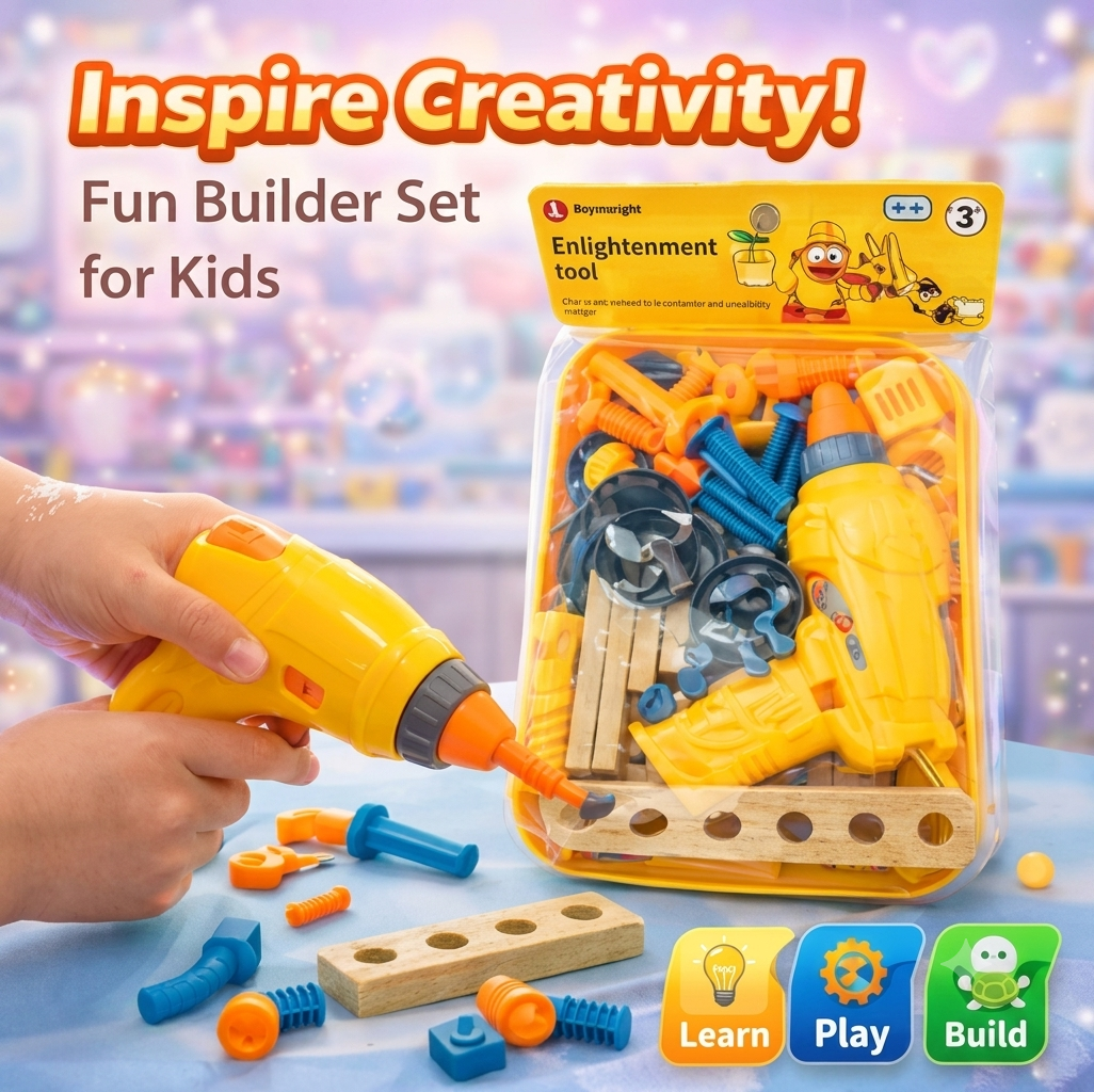 New-in-box educational construction toy kit for kids featuring a bright orange pretend play power drill, yellow screwdriver tool, and plastic hardware accessories.