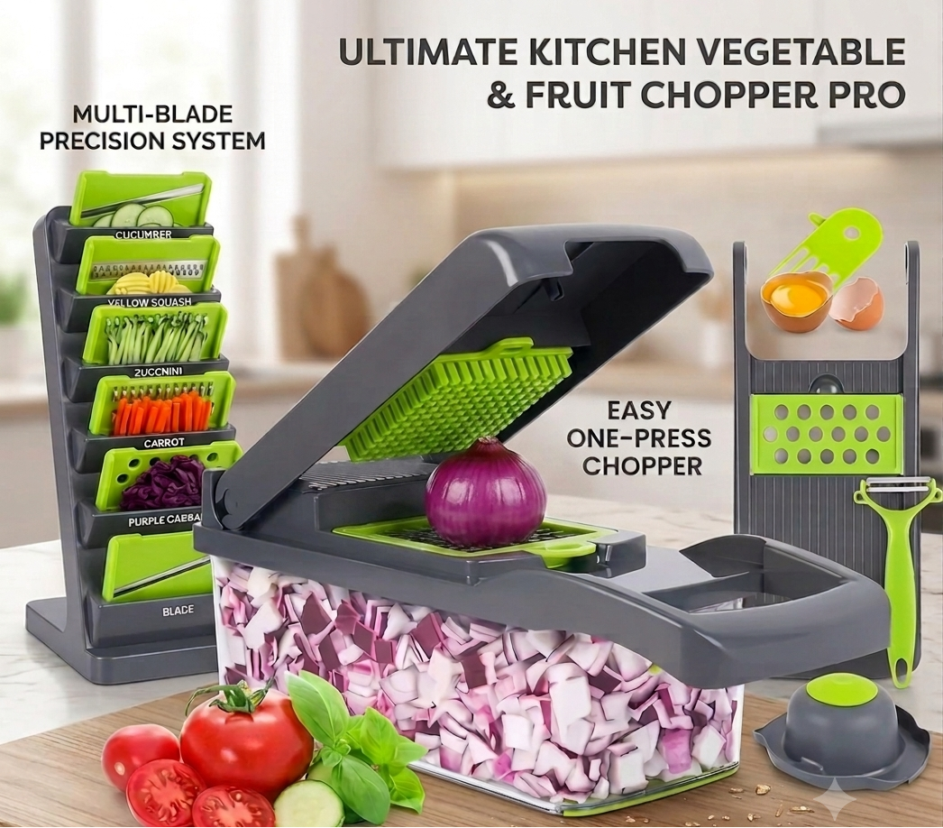 Ultimate Kitchen Vegetable and Fruit Chopper Pro set on a wooden cutting board, showcasing a compact grey and green one-press dicing container filled with chopped red onions, an organized vertical blade storage tower, mandoline slicer attachment, and fresh ingredients like tomatoes and cucumbers.