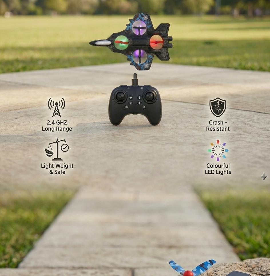 Top-down view of S51 remote control fighter jet quadcopter drone with four embedded propellers and red crackle pattern on black EPP foam.