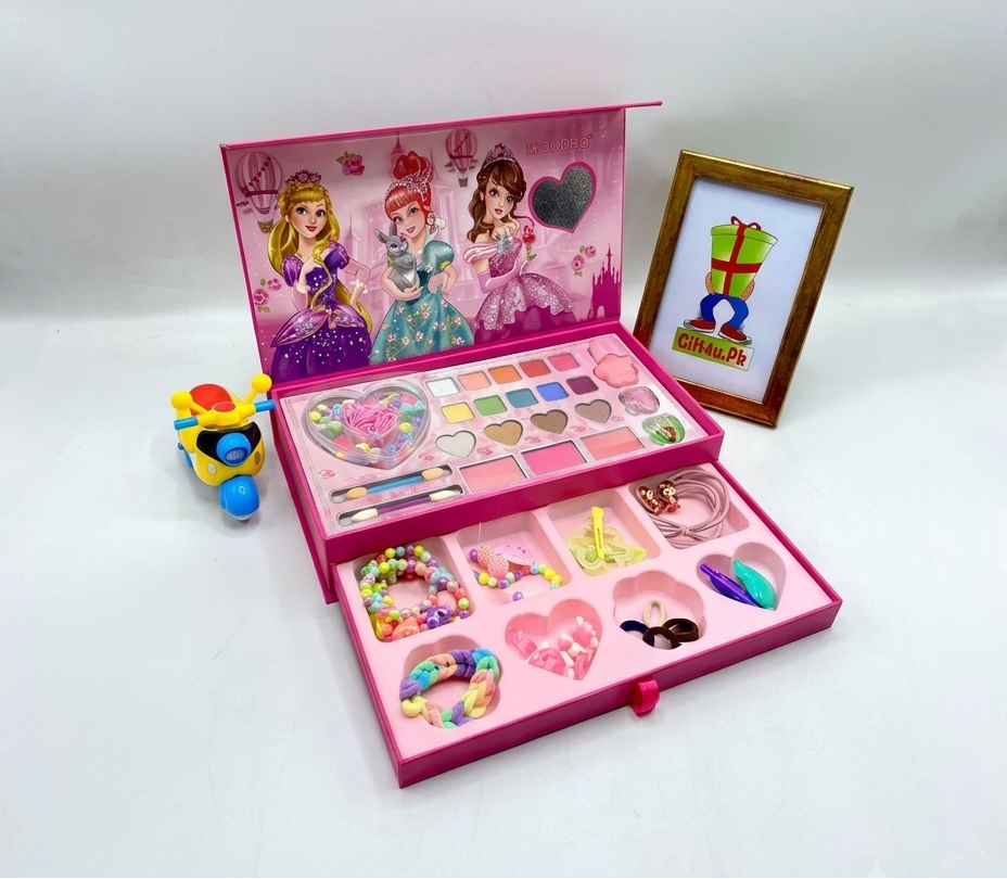 Open 2-layer pink princess makeup box showing colorful eyeshadows, blushes, and lower jewelry drawer with bracelets and hair accessories.