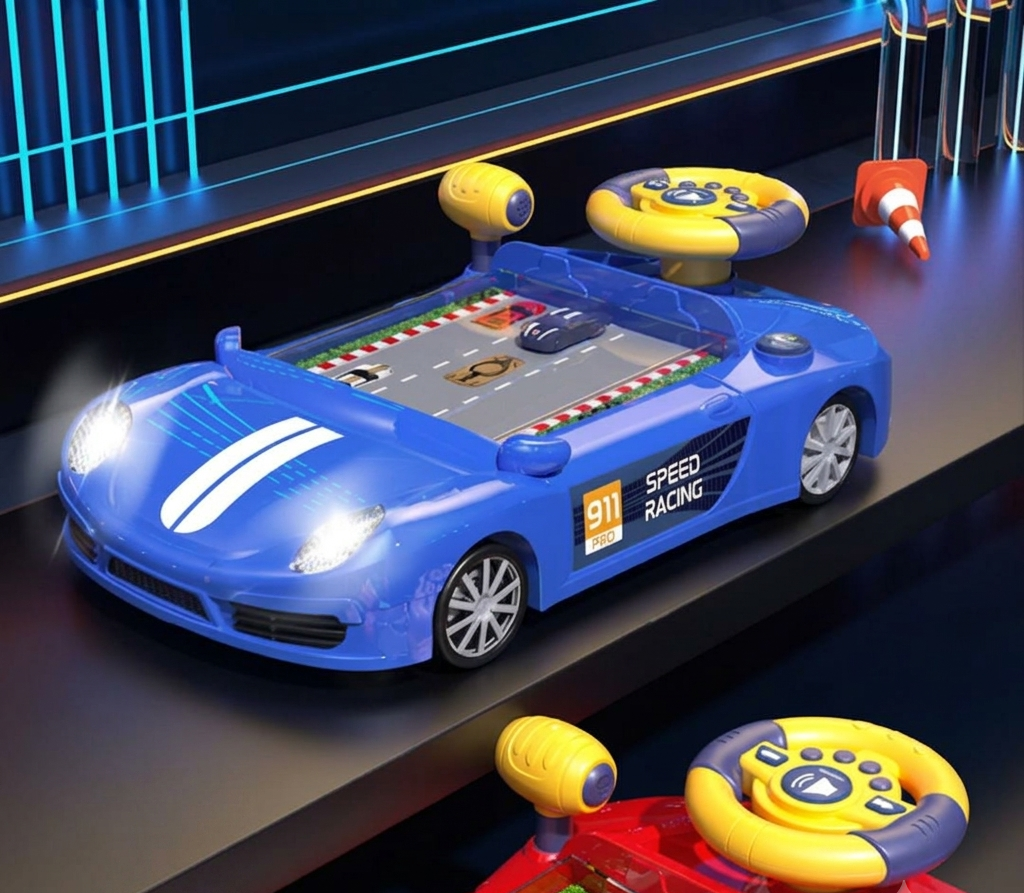 Blue sports car-shaped driving simulator toy for kids featuring illuminated LED headlights, 911 Speed Racing decals, and an embedded scrolling screen showing mini race cars on a track