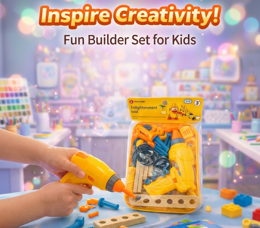 Mailipo Enlightenment toy tool set for kids packaged in clear plastic wrap, featuring a yellow header card, an orange toy electric drill, a yellow screwdriver, and colorful plastic screws and bolts.