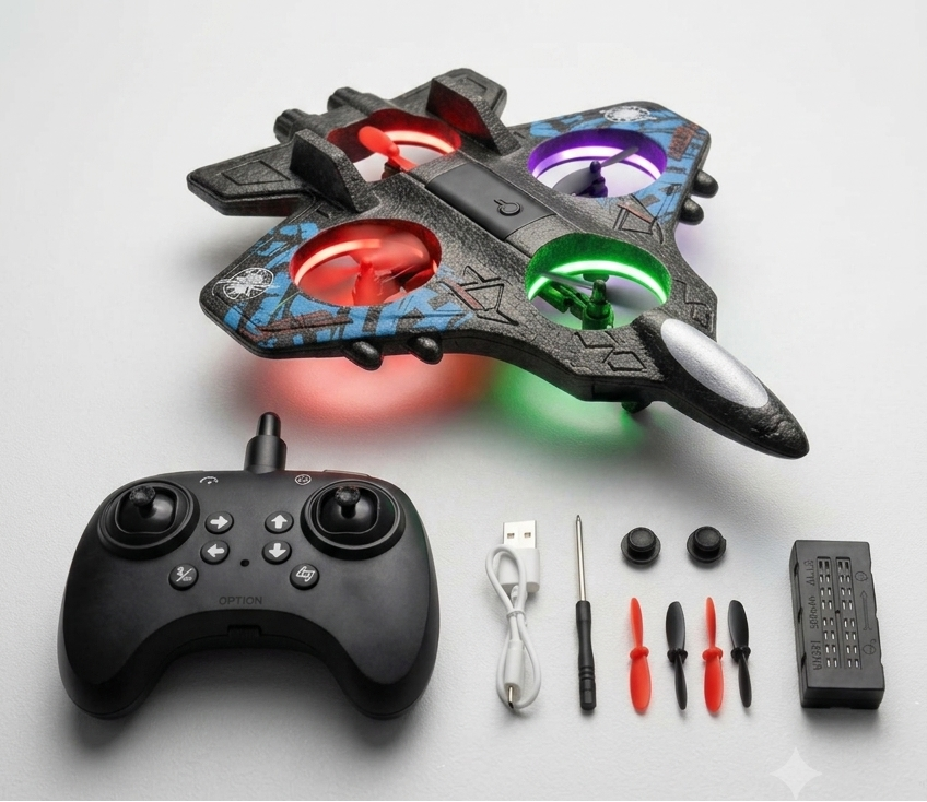 S51 RC Combat Drone in retail packaging with 2.4GHz remote controller gamepad layout.