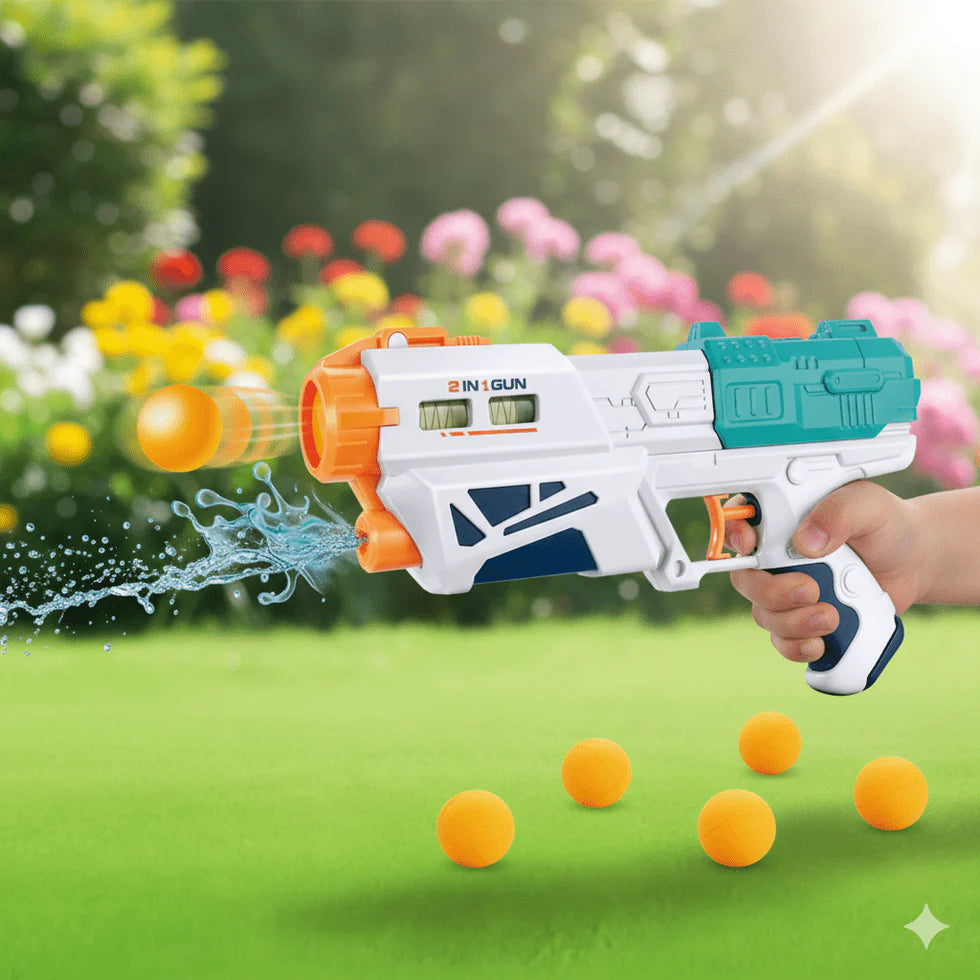 Side-profile-of-kids-2-in-1-water-squirt-gun-and-soft-foam-ball-launcher