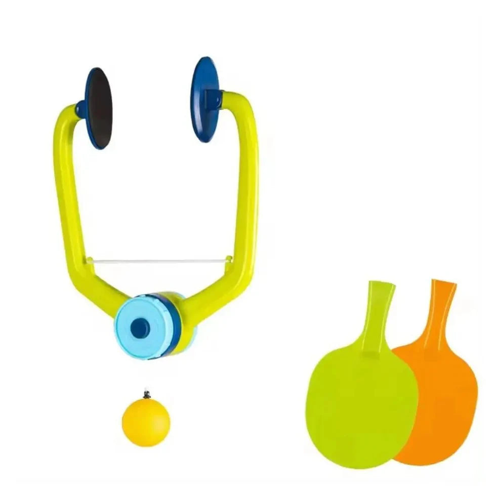 Suspended ping pong training toy with lion design attached to door frame