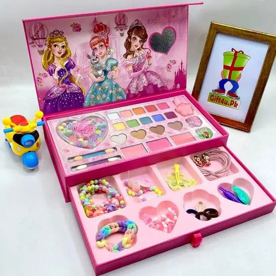 Kids pretend play makeup kit and girls jewelry vanity set with colorful cosmetics palettes and accessories.