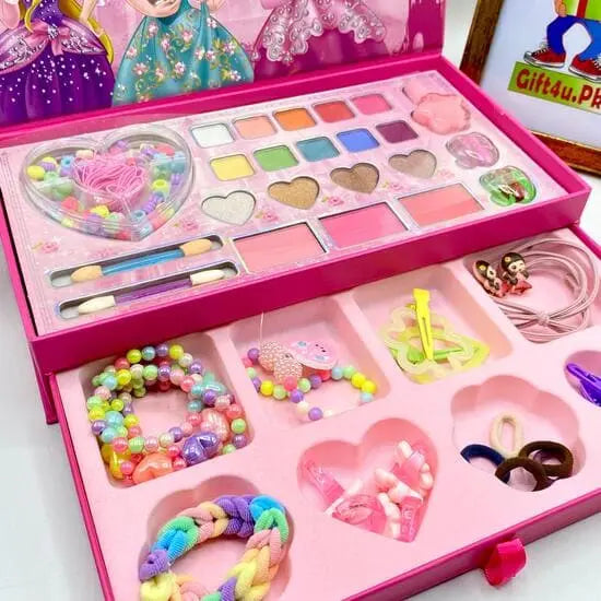Two-layer princess toy makeup case and children's jewelry set.
