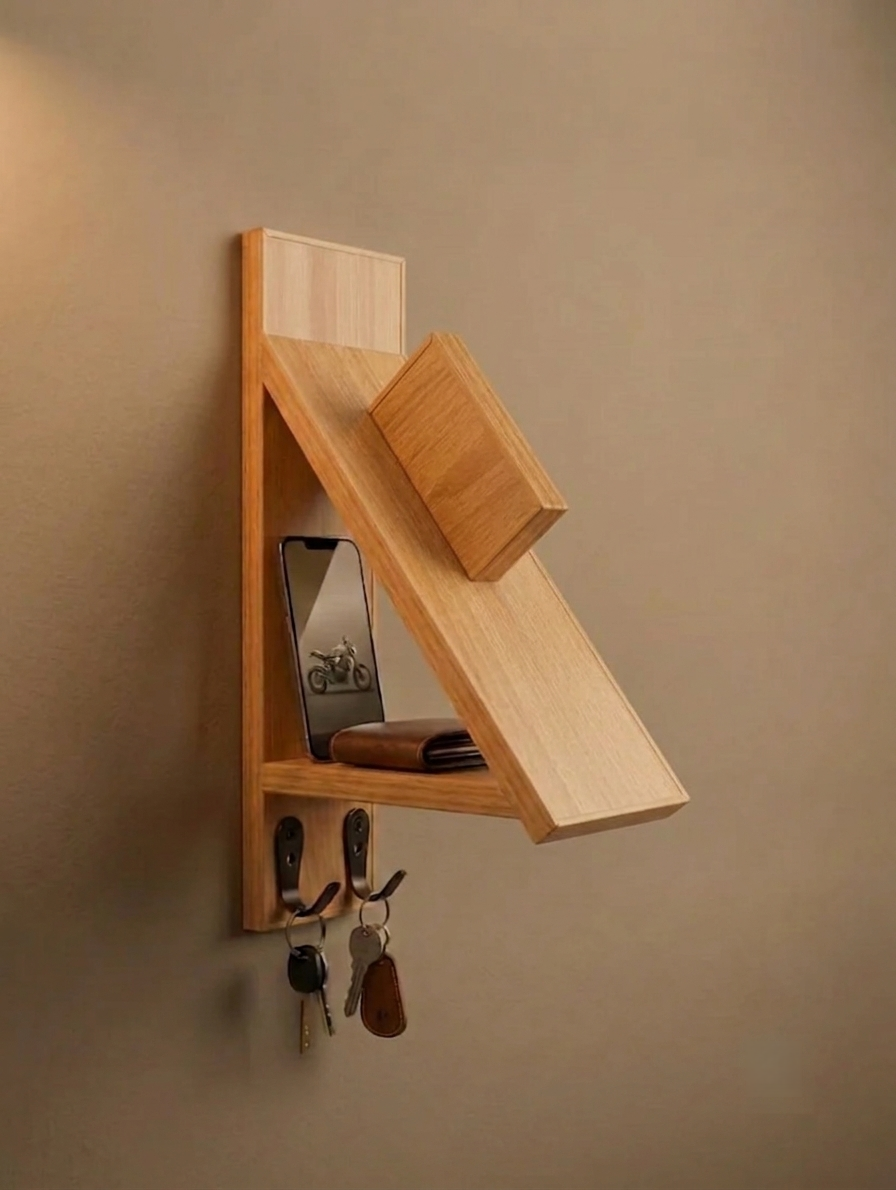 Motorcycle Helmet Rack & Gear Organizer – Premium Wooden Display Shelf with Keychain Hooks Excel 