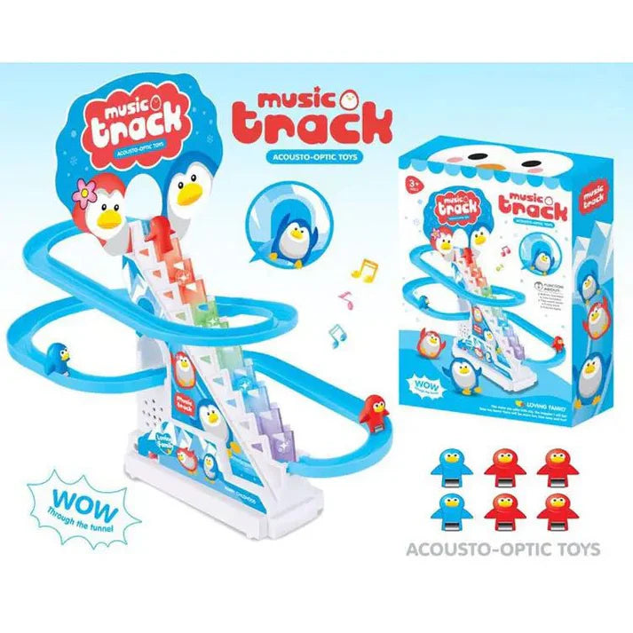 Assembled light blue and white penguin race track toy with a red penguin at the top of the automatic stairs and two light blue penguins at the bottom slide loop