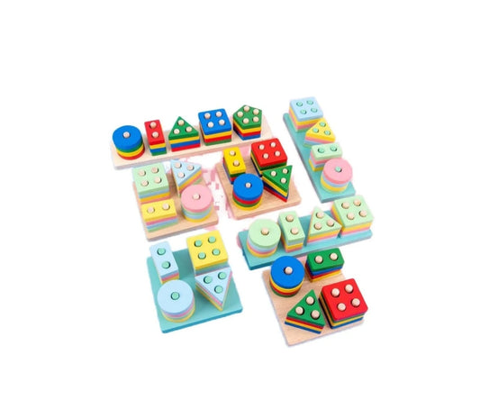A pastel colored four column wooden shape sorting block toy featuring a square, triangle, rectangle, and circle on a blue and yellow background.