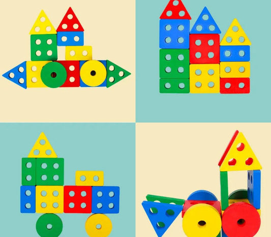 An assortment of multi-colored wooden geometric shape sorter puzzles and peg stacking blocks for toddler learning