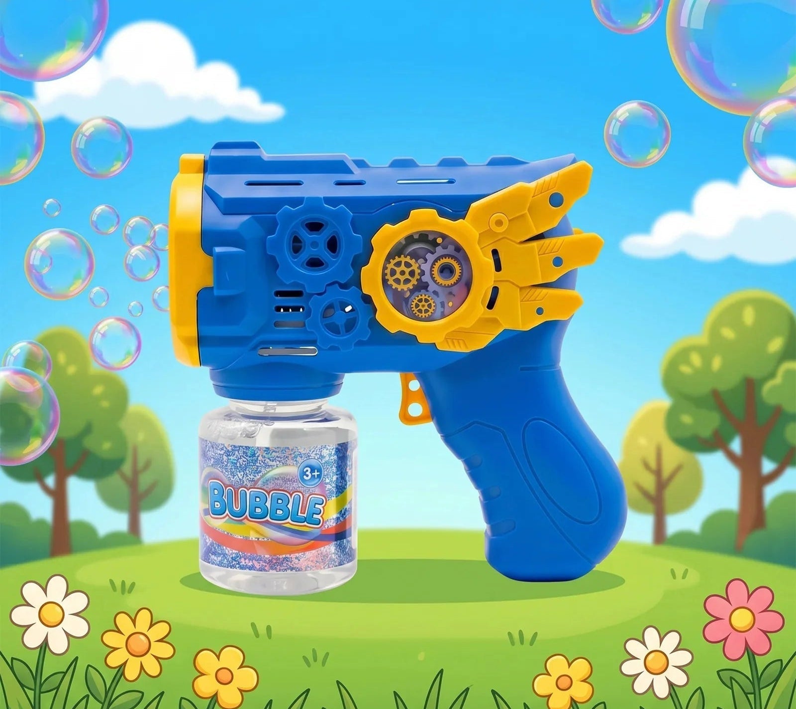 Automatic bubble gun blaster toy for kids with included bubble solution bottles.