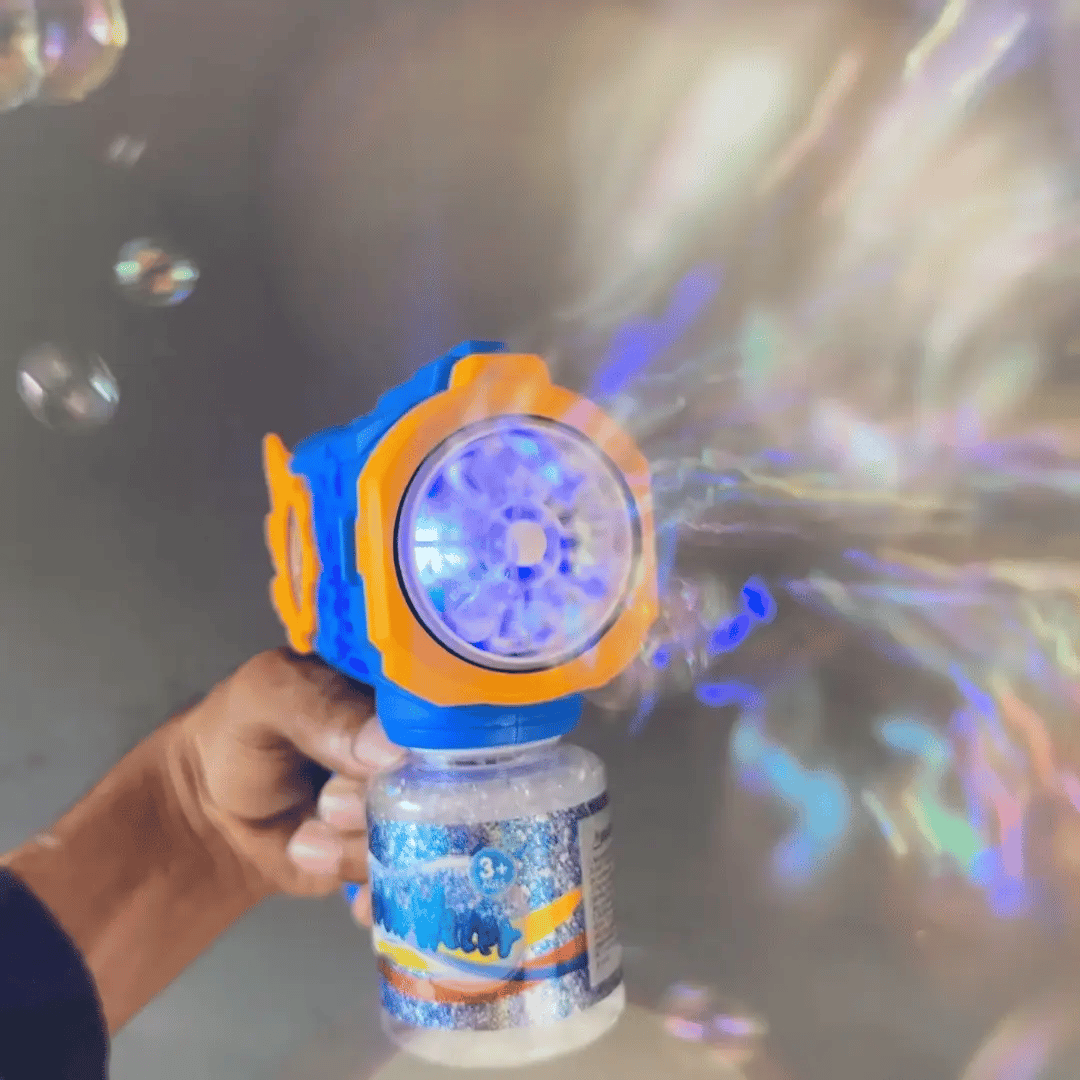 Leak-resistant design detail of a battery-operated bubble maker machine toy for boys and girls.
