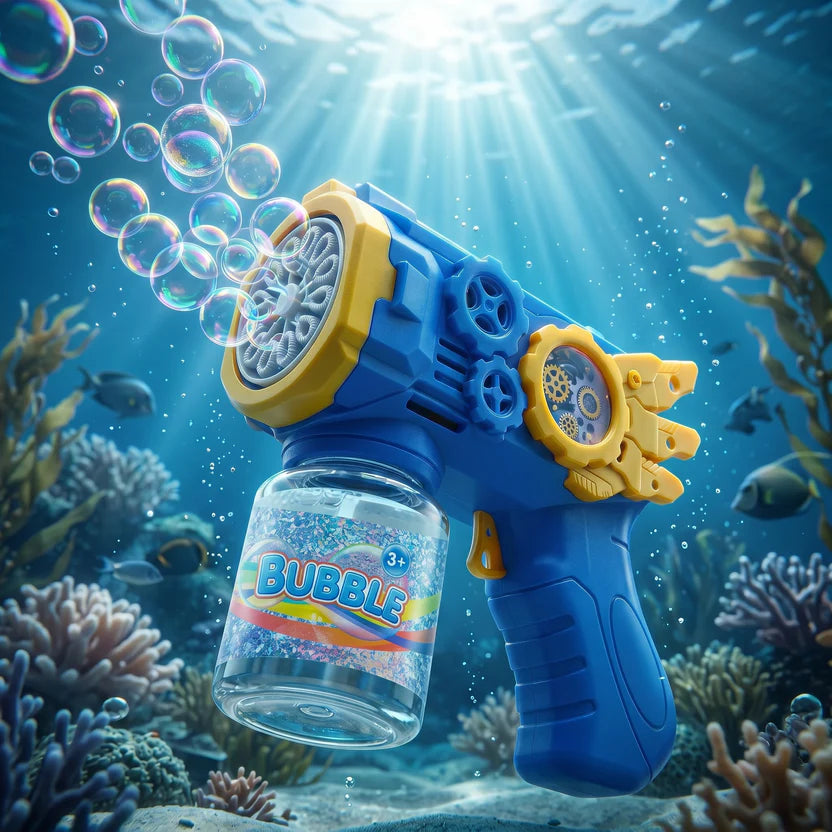 Close-up of lightweight, non-toxic plastic automatic bubble gun featuring an ergonomic easy-grip handle for toddlers.