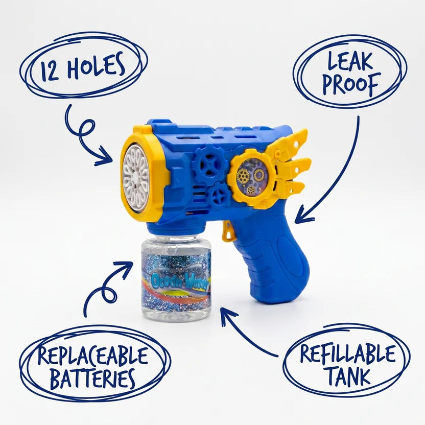 Blue automatic bubble gun blaster toy for boys, launching a continuous stream of bubbles outdoors