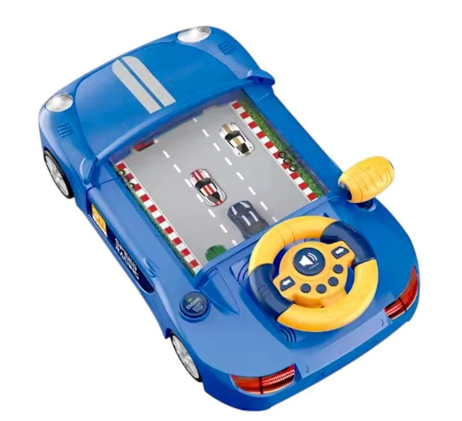 Bird's-eye view of an electronic steering wheel toy console with yellow turning wheel, realistic sound effect buttons, a gear shifter knob, and a moving 3-lane miniature highway track