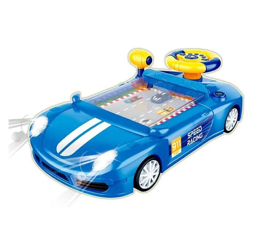 Kids electronic racing adventure game console in a blue sports car body with headlights.