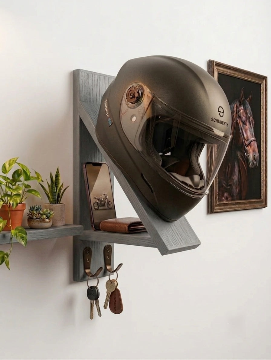 Wooden Helmet Stand & Organizer with Key Hooks