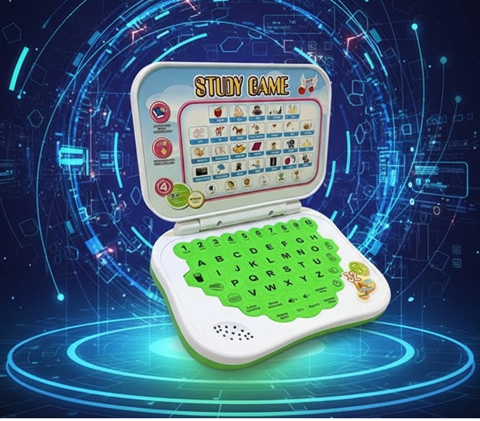 Close-up view of a green silicone alphabet keyboard on an educational toy laptop for preschool children.